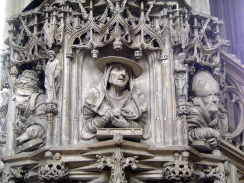 The famous pulpit, from about 1480. The material is sandstone; the none-too-flattering figures represent Saints Gregory, Jerome, and Augusti