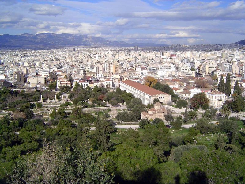 The view down to the Agora, with a recently reconstructed stoa or shopping center on the right.