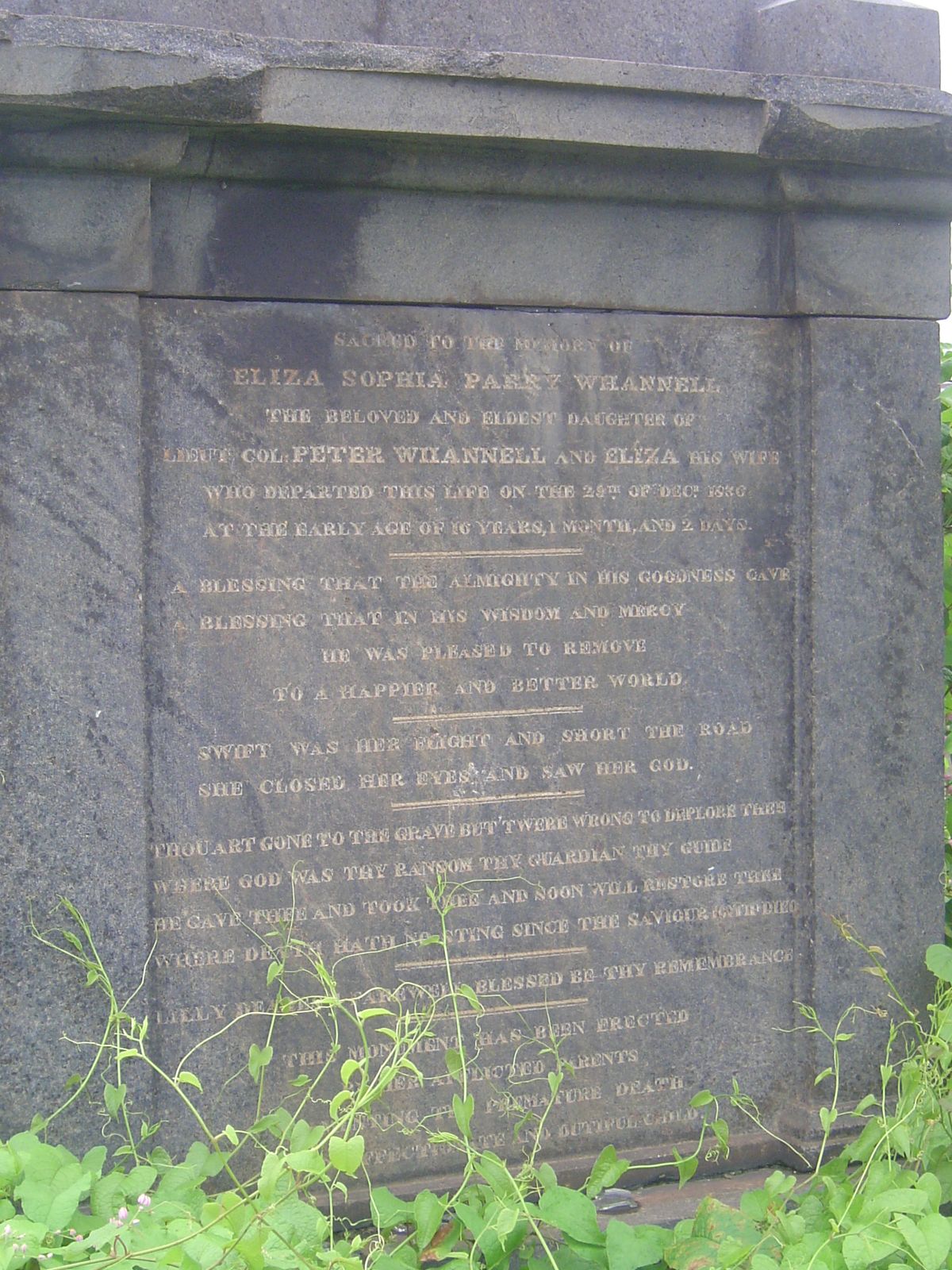 Col. Peter Whannel survived until 1854, 18 years after the death of his daughter.