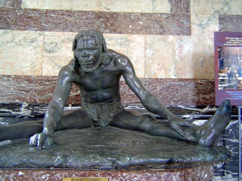 The floor of the rotunda contains plaster casts of four bronzes executed by the Englishman Herbert Ward 1863-1919, who accompanied Henry Mor