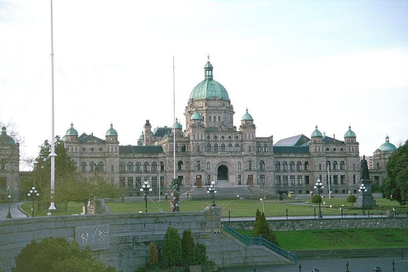 The B.C. parliament buildings are at the end of the stub and have managed to hold their own against importuning developers. At the far right