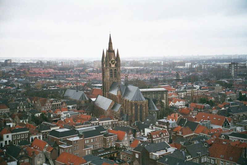 Looking northwesterly toward the Oude Kerk or St. Hippolytus Kerk, begun 1250. Vermeer is buried in it.