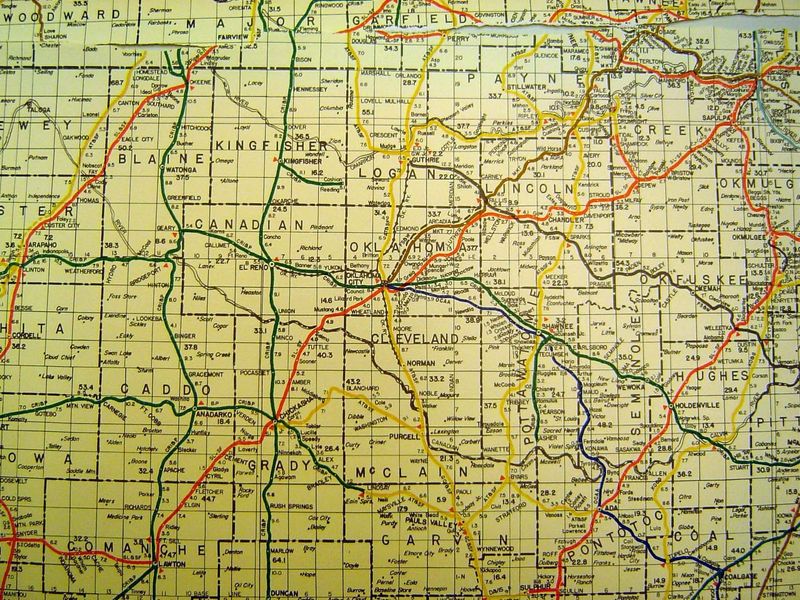A railroad map from 1930, showing not only the Santa Fe, in yellow, but the Frisco in red, the Rock Island in green, and the Katy in brown.