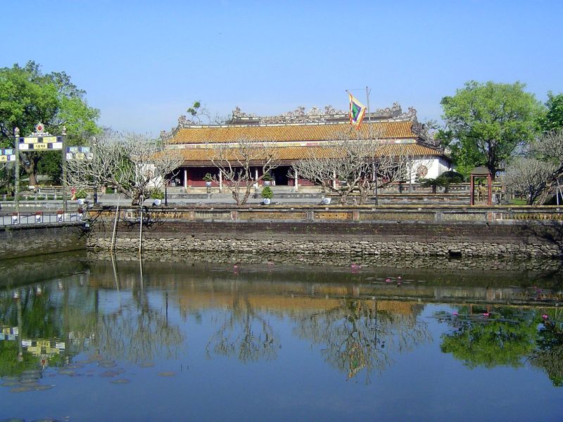 Inside the gate of the Imperial City, the view is north across the Thai Dich Lake to the Hall of Supreme Harmony or Thai Hoa Palace.