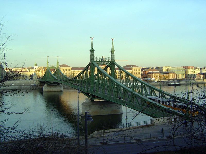 A close-up of the Liberty Szabadsag Bridge, opened in 1896 by Franz Joseph and originally named for him. Similarly, the Elizabeth Bridge ups