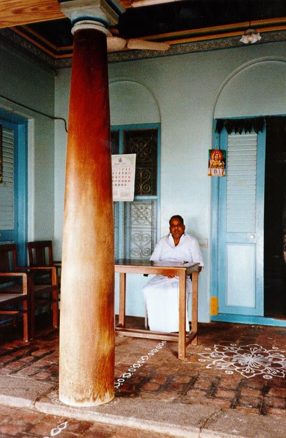 The front porch of the same house, with magnificent polished-log columns.
