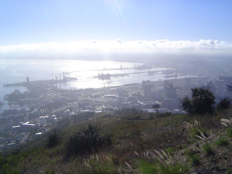Duncan Dock, the closer one here, opened in 1945. Container ships use the outer or Ben Schoeman Dock, whose cranes can be seen on the far si