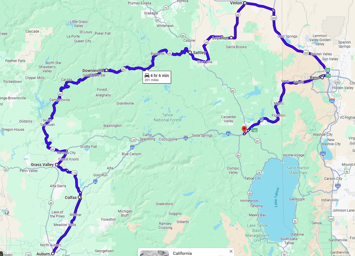We're presently in Auburn at the bottom of the line, and we're about to go to Grass Valley in a slightly deviant way, via Colfax. Then we'll