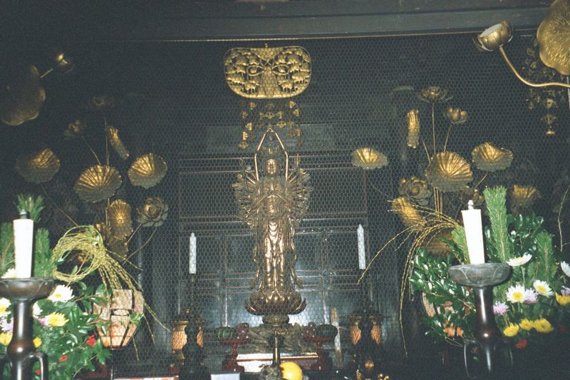 The naijin—inner sanctuary—of the main hall, or hondo. The principal image is Kannon—11 faces, 1,000 arms—but it is only shown once every 33