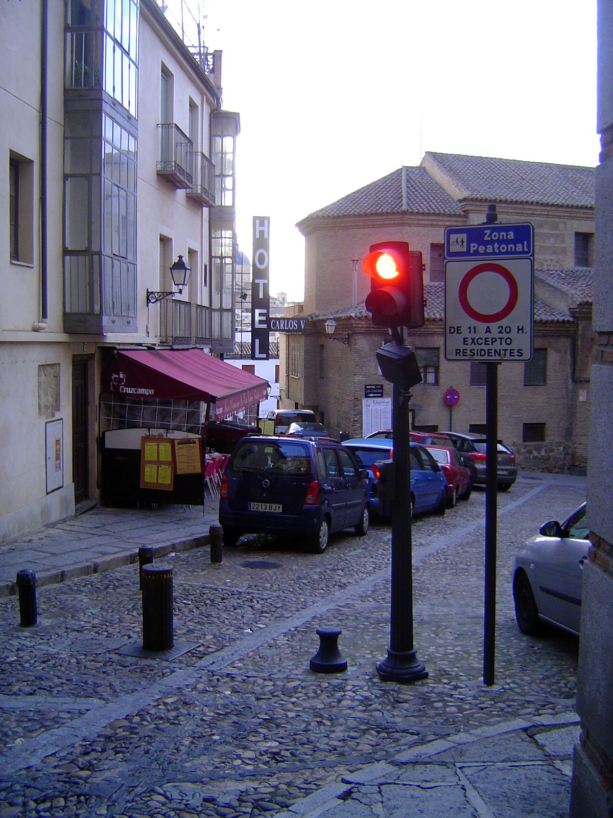 Traffic is controlled by motorized bollards that drop for motorists with the right transponder.