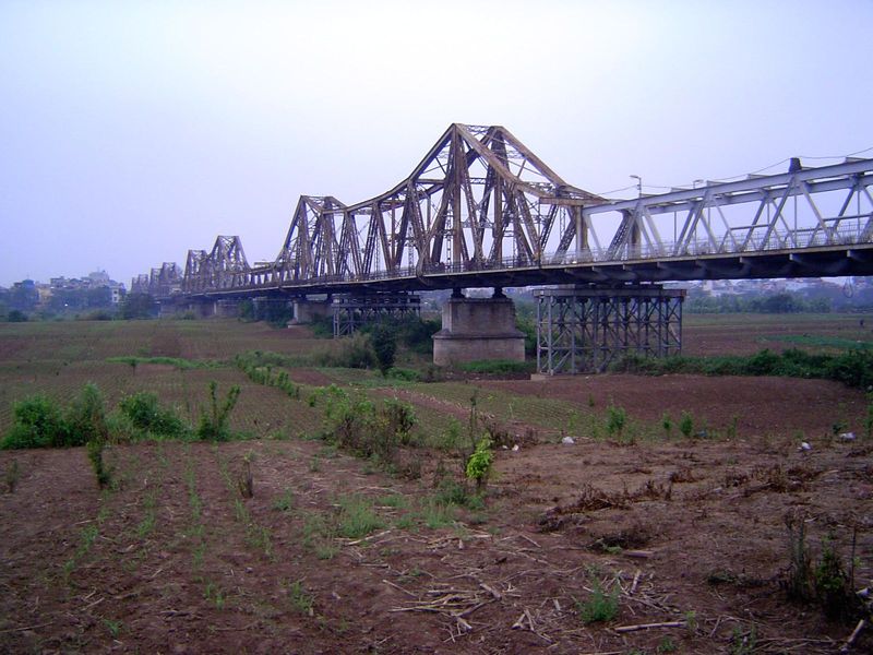 Here's the bridge from an island in the river. The original piers were masonry, and some of the steel work had to be replaced after repeated