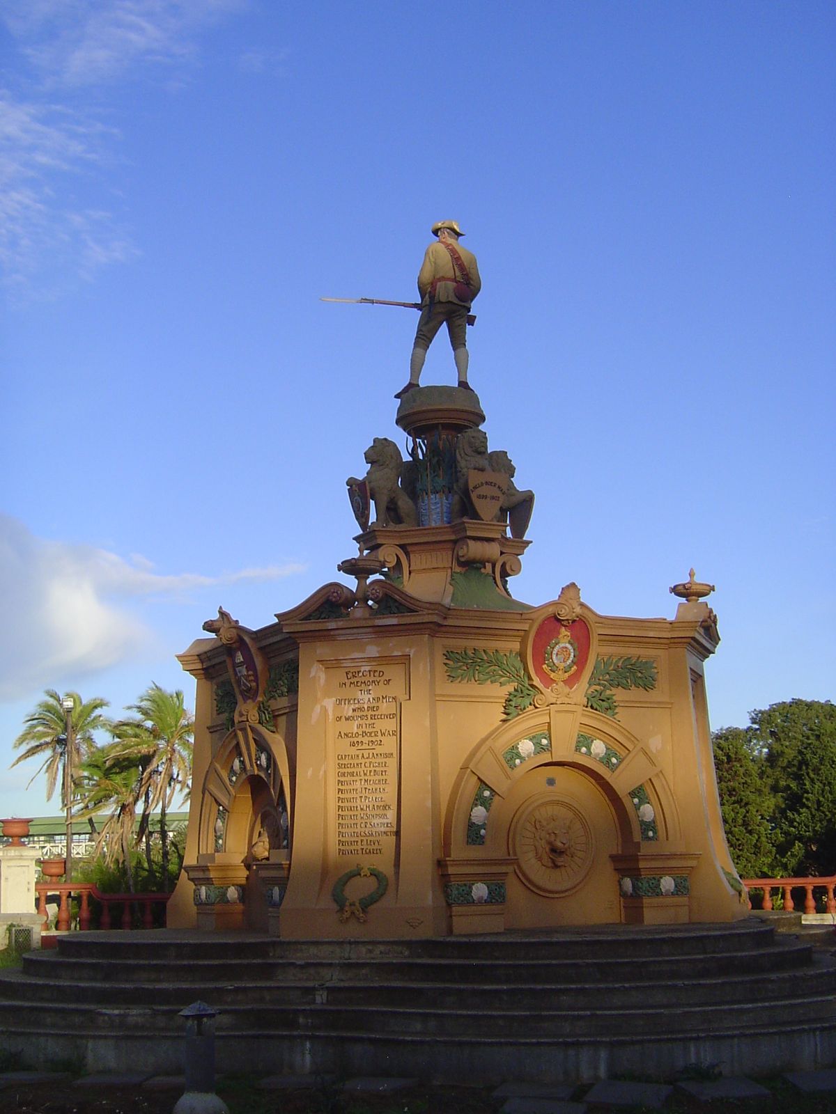 Here, a few blocks inland from the Donkin Reserve and in a large city park, stands the Prince Alfred's Guard memorial. It was made in Glasgo