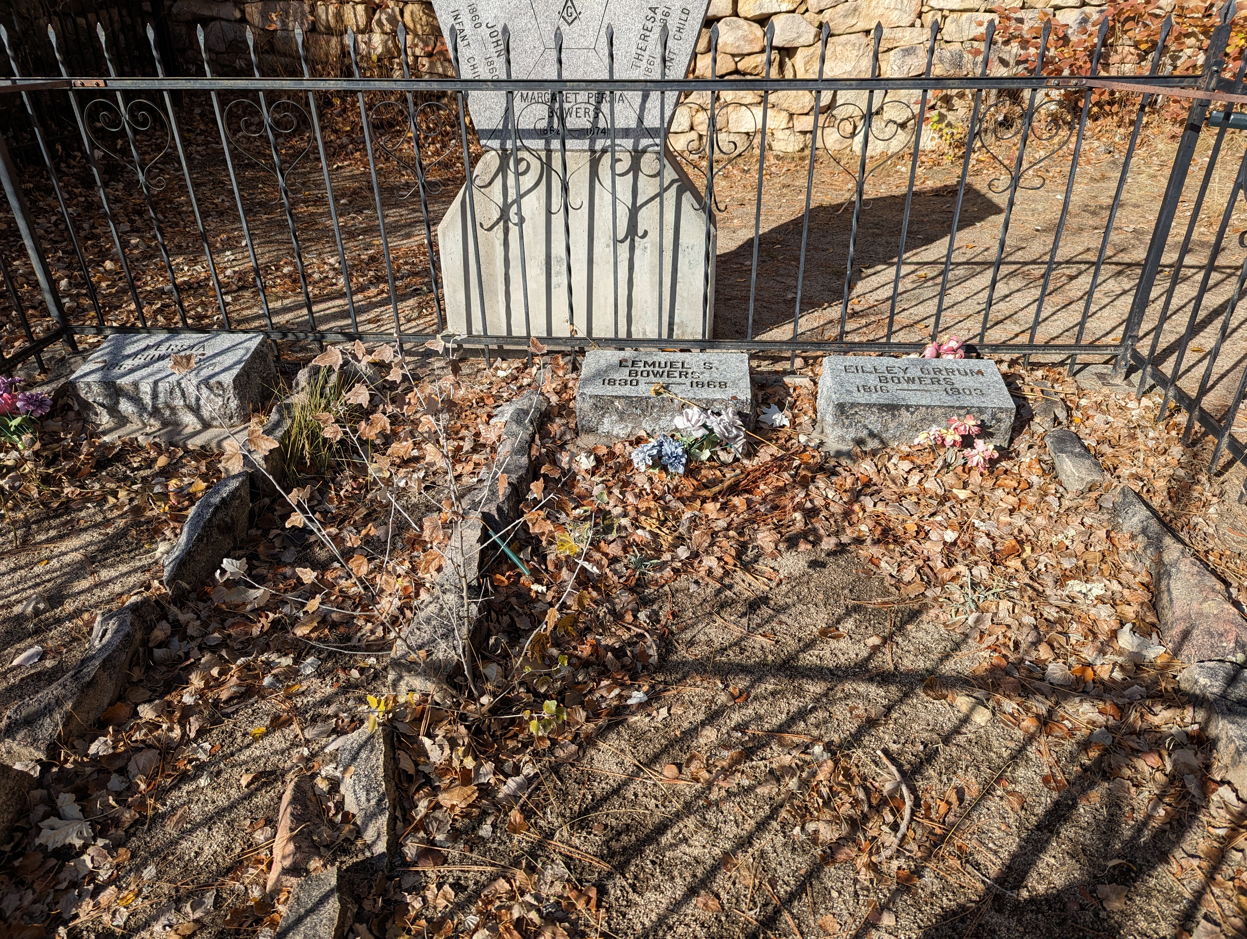 Up on the hill behind the mansion are the graves of Sandy and Eilley Bowers, who built the mansion.  Their daughter, who died as a child, is