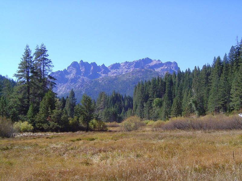 We're moving east, up and over Yuba Pass. Here, on a fine day, the startlingly rugged Sierra Buttes.
