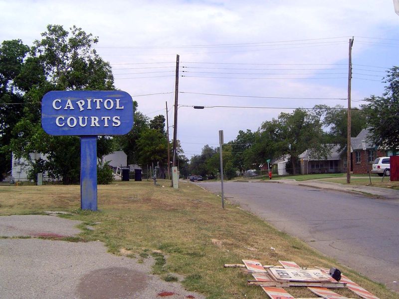 Here's the main entrance. Old postcards show Capitol Courts in good shape, but that was then.