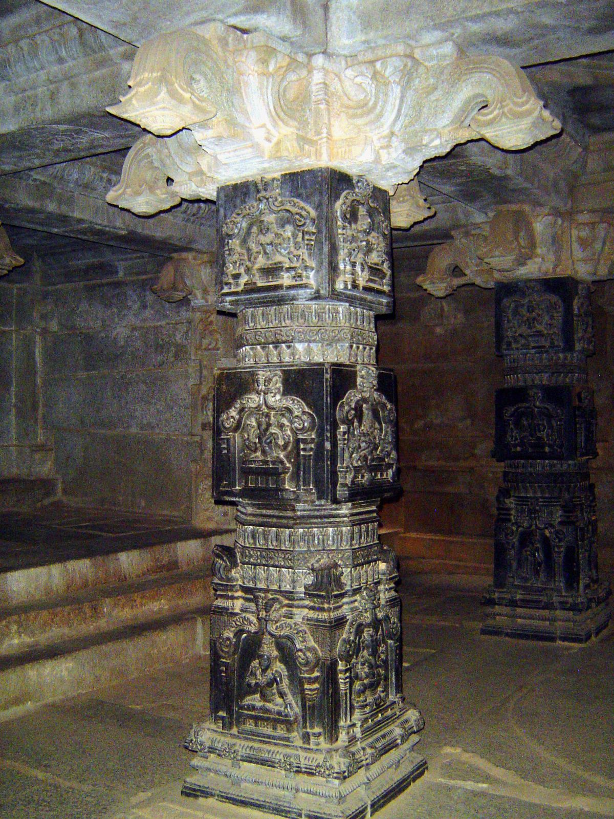 The pillars are decorated with images of the various aspects of Vishnu.