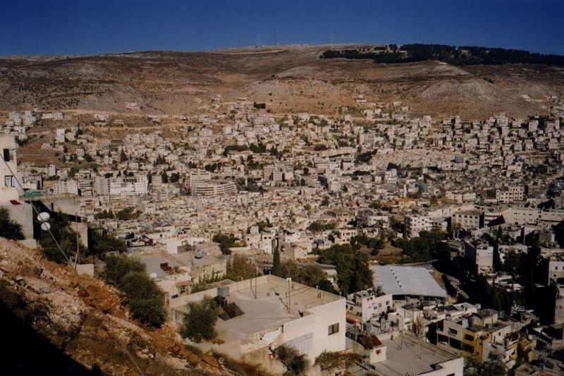 A view of Nablus taken from the slopes of Mt. Gerizim northward toward Mt. Ebal. The Old City is the flattish patch in the center.