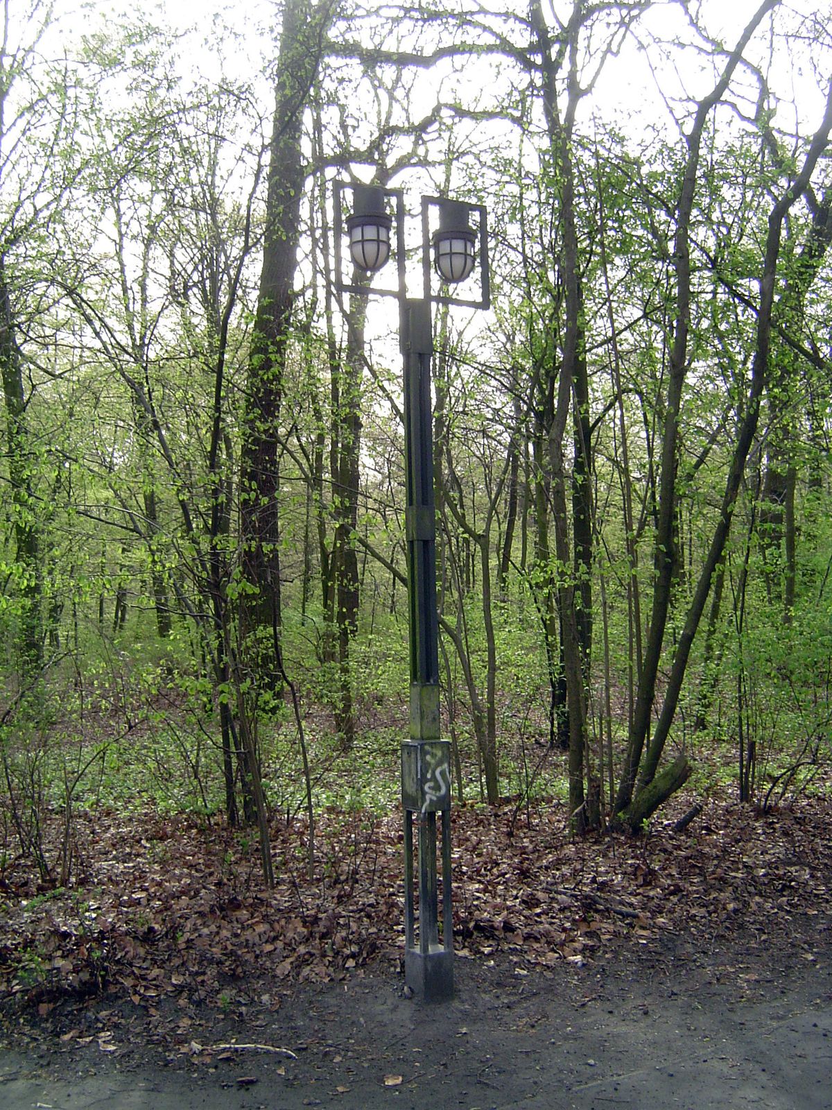 An elegant lamp post in the woods.