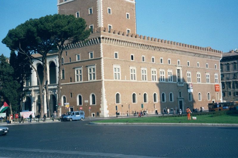 Turning slightly to the south: this is the Palazzo Venezia, built of stone quarried from the Colosseum. Built as a home for cardinals by the