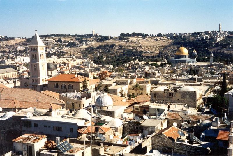 The view is now almost due east toward the brilliantly golden and blue Dome of the Rock, which dominates the Haram Ash-Sharif, or Temple Mou