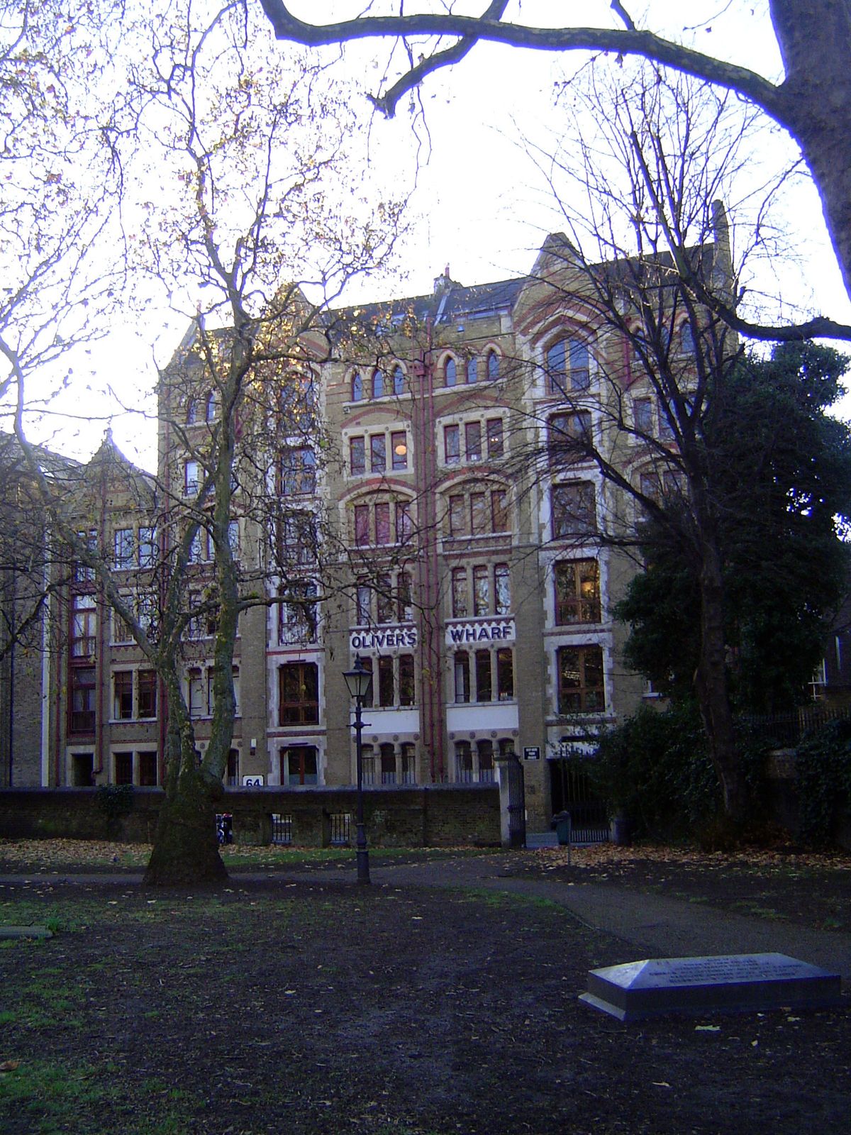 The land-side facade. Yes, that's a tombstone. It's in a park on the site of an old churchyard.