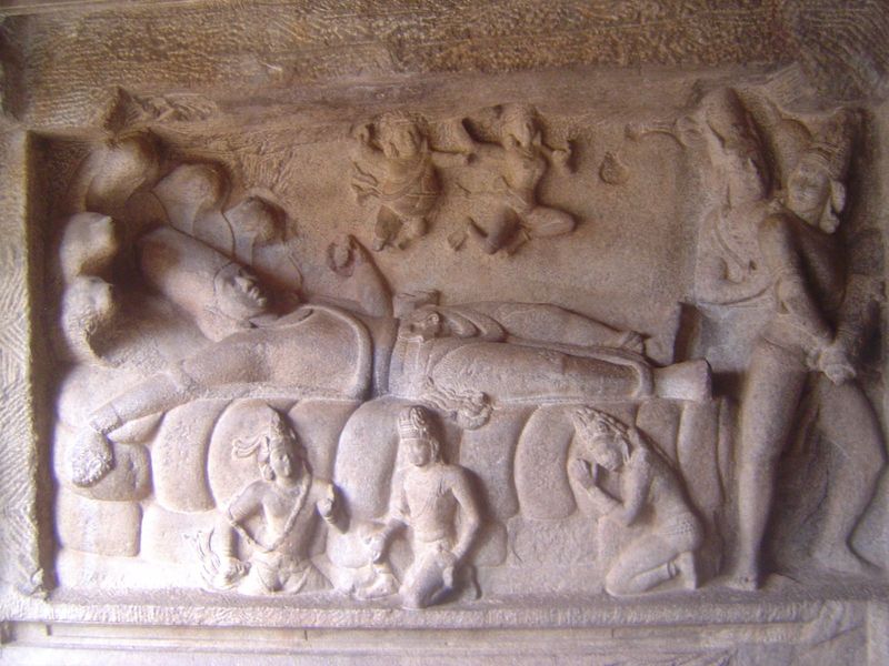 The form has been repeated countless times in the Hindu world, although details vary. Vishnu sleeps on the great snake Ananta, whose heads c