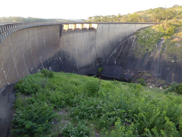 The downstream face of the dam.
