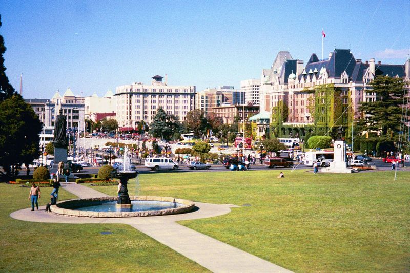 From the Parliament Building toward the water and, on the right, the Empress Hotel.