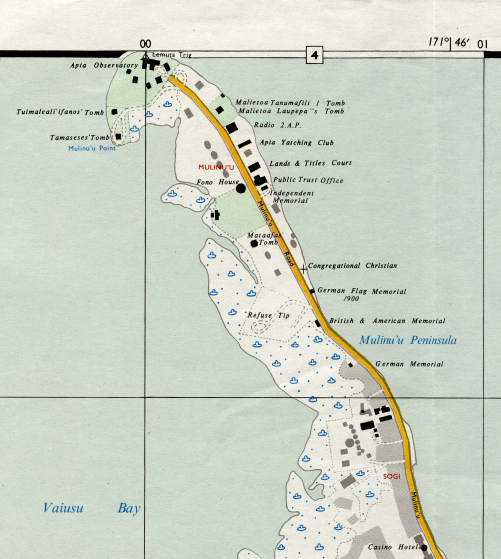 Both monuments are on the Mulinu'u Peninsula, shown here in a 1969 map published by the Department of Lands and Survey, Apia.
