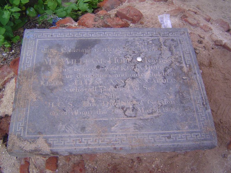 A man, his wife, and his four children are drowned at sea. Julian Cotton's List of Inscriptions on Tombs or Monuments in Madras,, 1905, has 