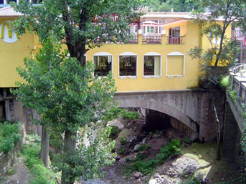 An old highway bridge has been converted into the foundation for a McDonald's.