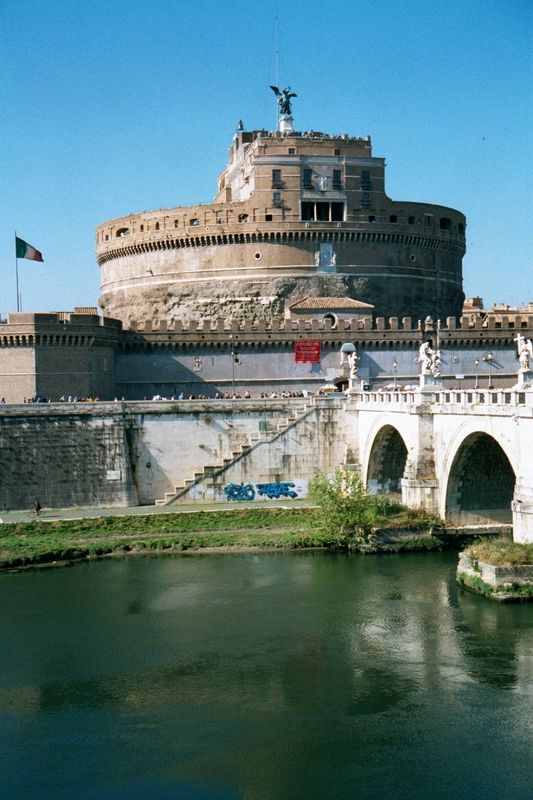 Back in central Rome, we're looking west across the Tiber at the Castel Sant'Angelo. The core was erected in 136-139 as a mausoleum for Hadr