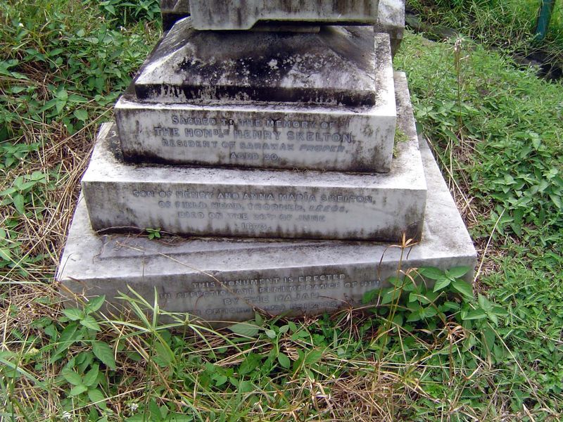 The broken gravestone of Henry Skelton, who died in 1873, aged 30, two months after his appointment by Brooke as Resident of Kuching here ca