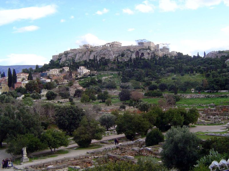 The view back uphill. The area that would become the agora was a cemetery until the seventh century B.C.. Solon cleared six acres, and the a