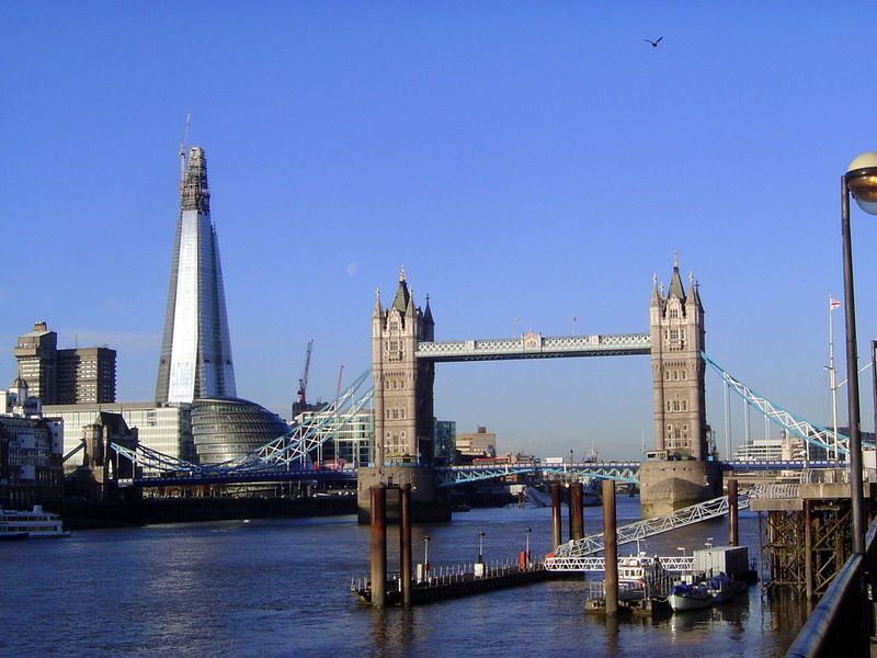 The view upstream, with the Tower Bridge reduced to a toy by the tallest building in Western Europe. It's The Shard. The British are the unc
