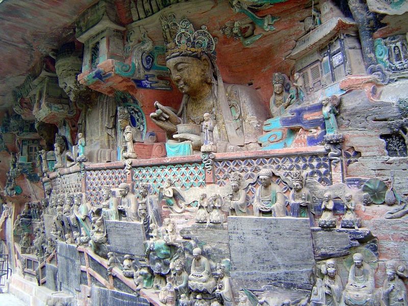 Amitayus is at the upper left here; to his left viewer's right is the Buddha Mahasthamaprapta. Amatayus is said to rule the Pure Land with t