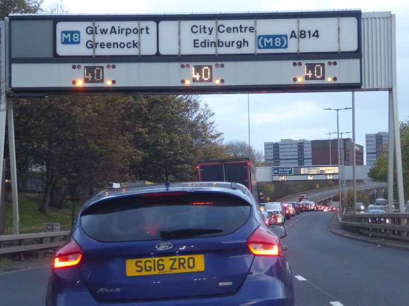 Enough leisure poking. Time for a traffic jam on the A 814 approaching the M8 from the west.