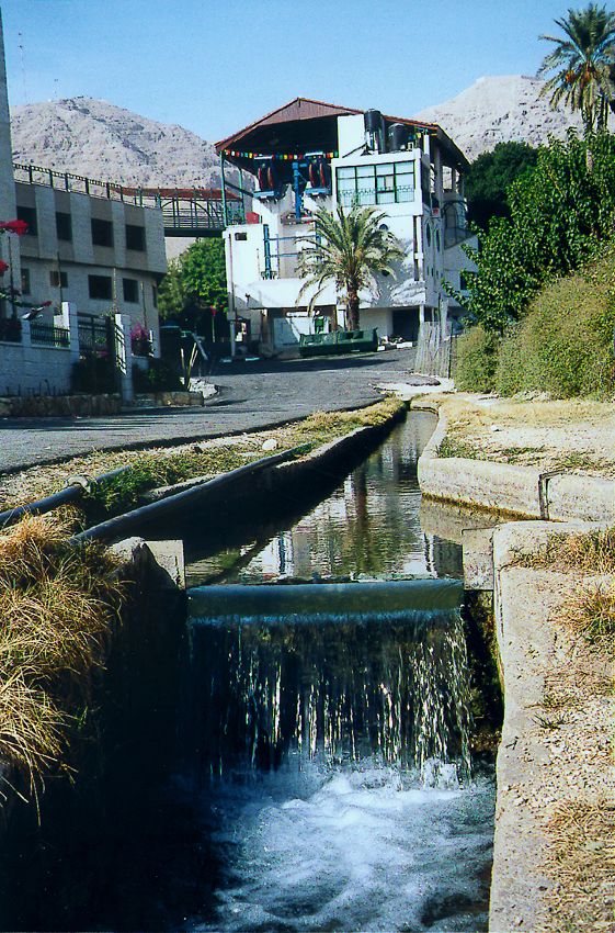 A channel brings water to the local citrus groves. Wadi Qelt is in the mountains in the background.