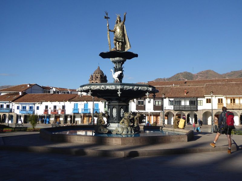 A bronze statue of the essential founder of the Inca Empire, the Inca Pachacuti.  Placed in the center of the plaza only a decade back, thin