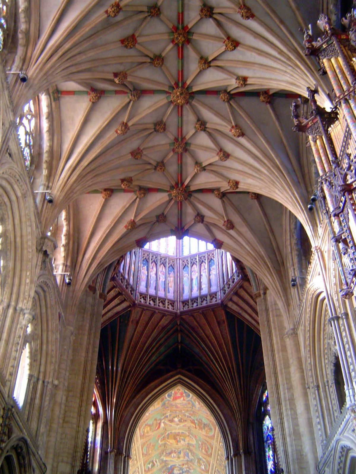 A view of the lantern and nave from a position under the choir vaulting.