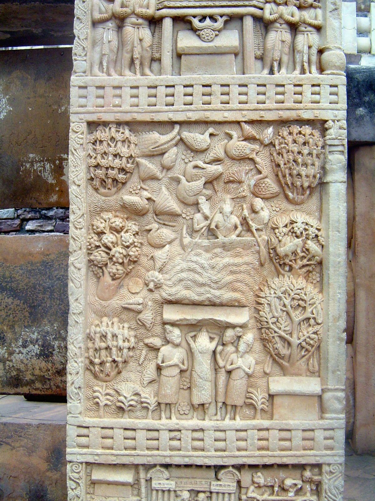 Front face of the south pillar of the east gate: skeptical disciples attempt to rescue the master from a flood note the crocodiles and geese
