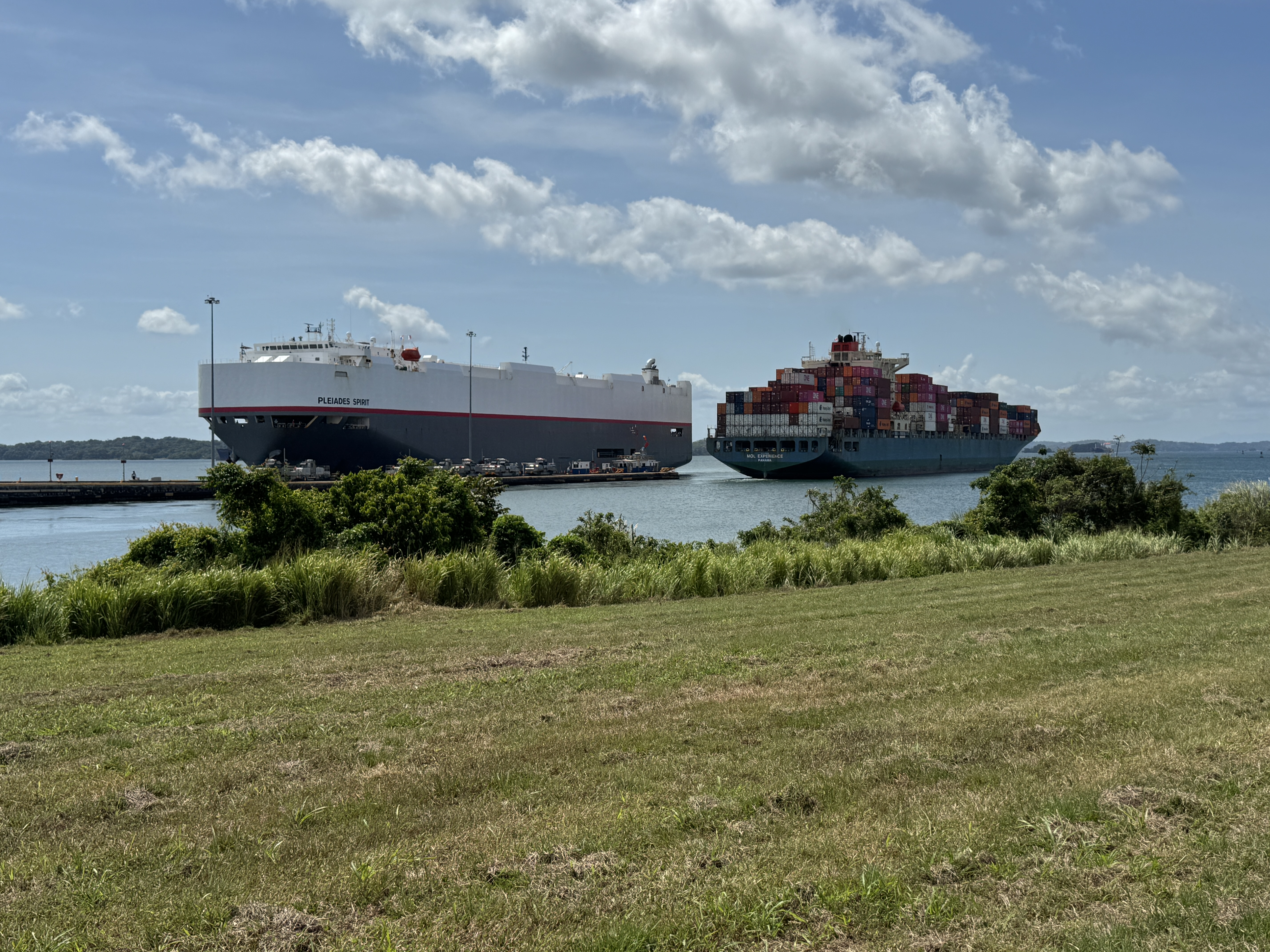 This is how.  A few minutes later, the ship was entering Gatun Lake, while the Pleides Spirit, a Japanese-owned, Panamanian-flagged car carr