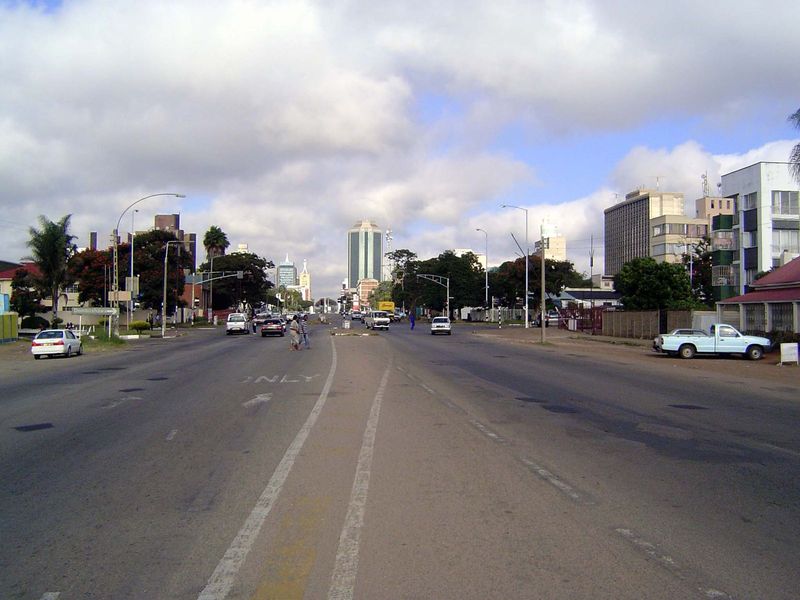 Looking west along the chief east-west avenue, the old Jameson Avenue, now Samora Machel, with the Reserve Bank's tower in the distance.