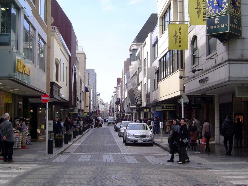 The shopping street parallel to the river but on its east side is narrow and very upscale. It's called Motomachi. The shops are a mix of Jap