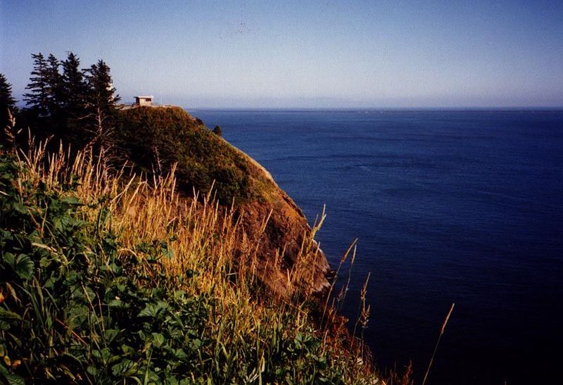 Headland at the mouth of the Columbia, with World War II fortifications.