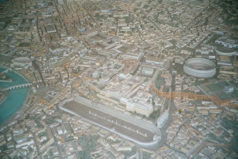 A model of classical Rome with the Circus Maximus, the Colosseum, and the fora to its left.