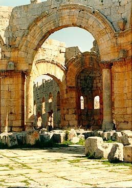 West of Aleppo, these are the ruins of the Church of St. Simeon, or the Qala'at Semaan. It was built to commemorate the saintliness of Simon