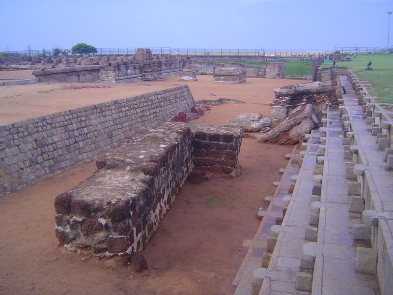 The entire ensemble apparently sat at the neck of a peninsula jutting into the sea. The Pallavas protected that peninsula by building a brea