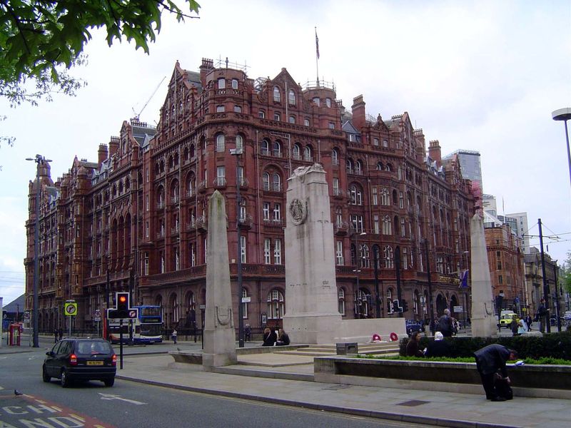 Another view of the hotel, behind a war memorial.