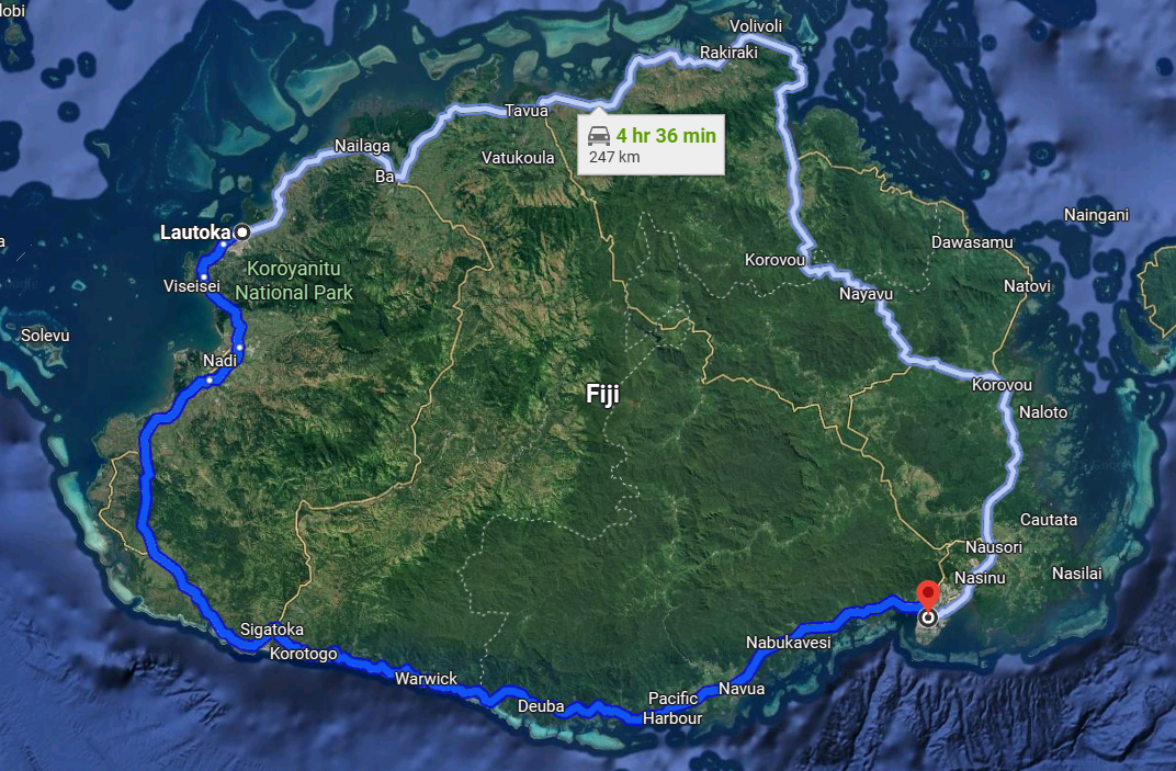 Two ways to get from Suva to Lautoka,  Clockwise is about an hour shorter, assuming you believe the lady, who's a speedburner.